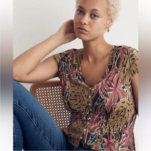 Madewell Shirred Cap Sleeve Top in Brushstroke Monstera in Dark Coffee Large